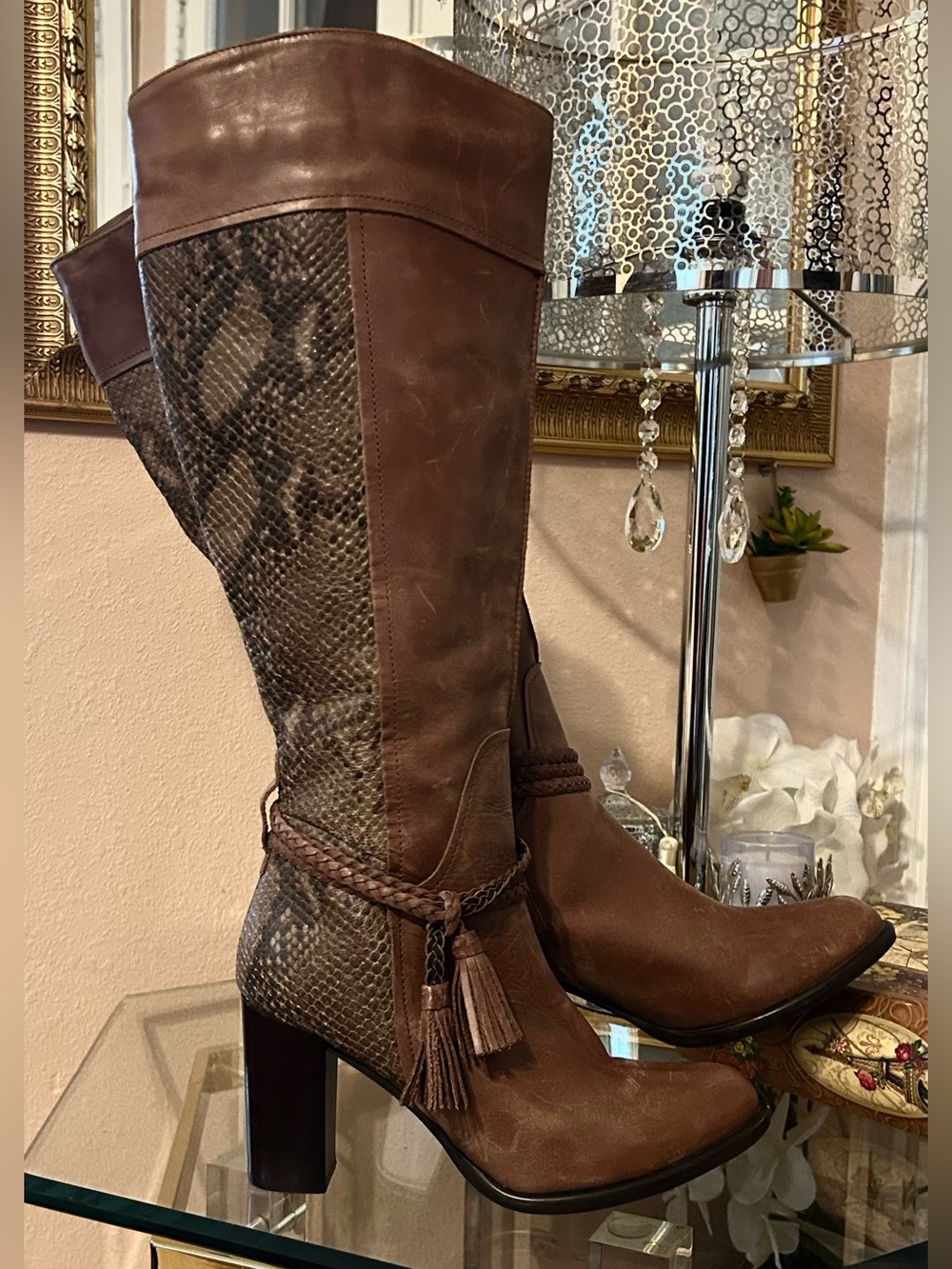 Fabianelli Brown Leather Snakeskin Italian Heeled Boots w/ Tassel Wrap Size 40